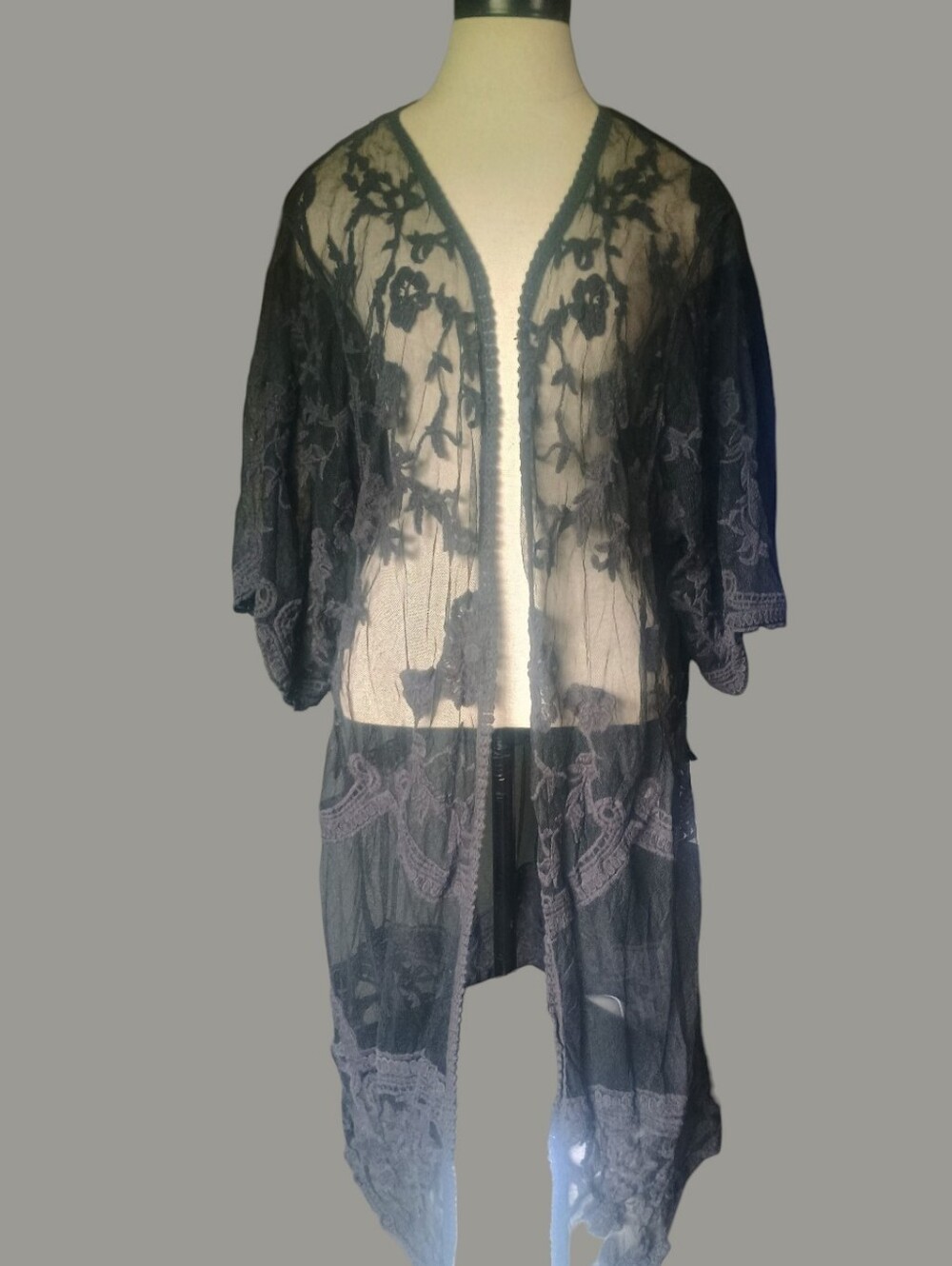 Black lace kimono duster with floral embroidery, size L.